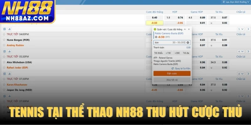 Tennis tại Thể Thao NH88 thu hút cược thủ yêu chiến thuật